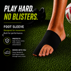 A black foot sleeve protective cover worn over a person's foot on green turf, with soccer shoes and a soccer ball in the background. The image includes marketing text that reads 'PLAY HARD.