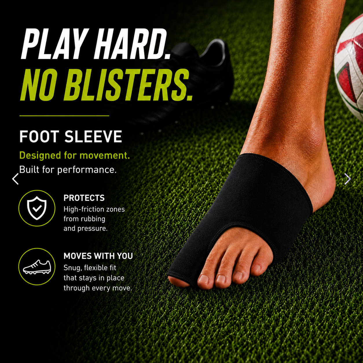 A black foot sleeve protective cover worn over a person's foot on green turf, with soccer shoes and a soccer ball in the background. The image includes marketing text that reads 'PLAY HARD.