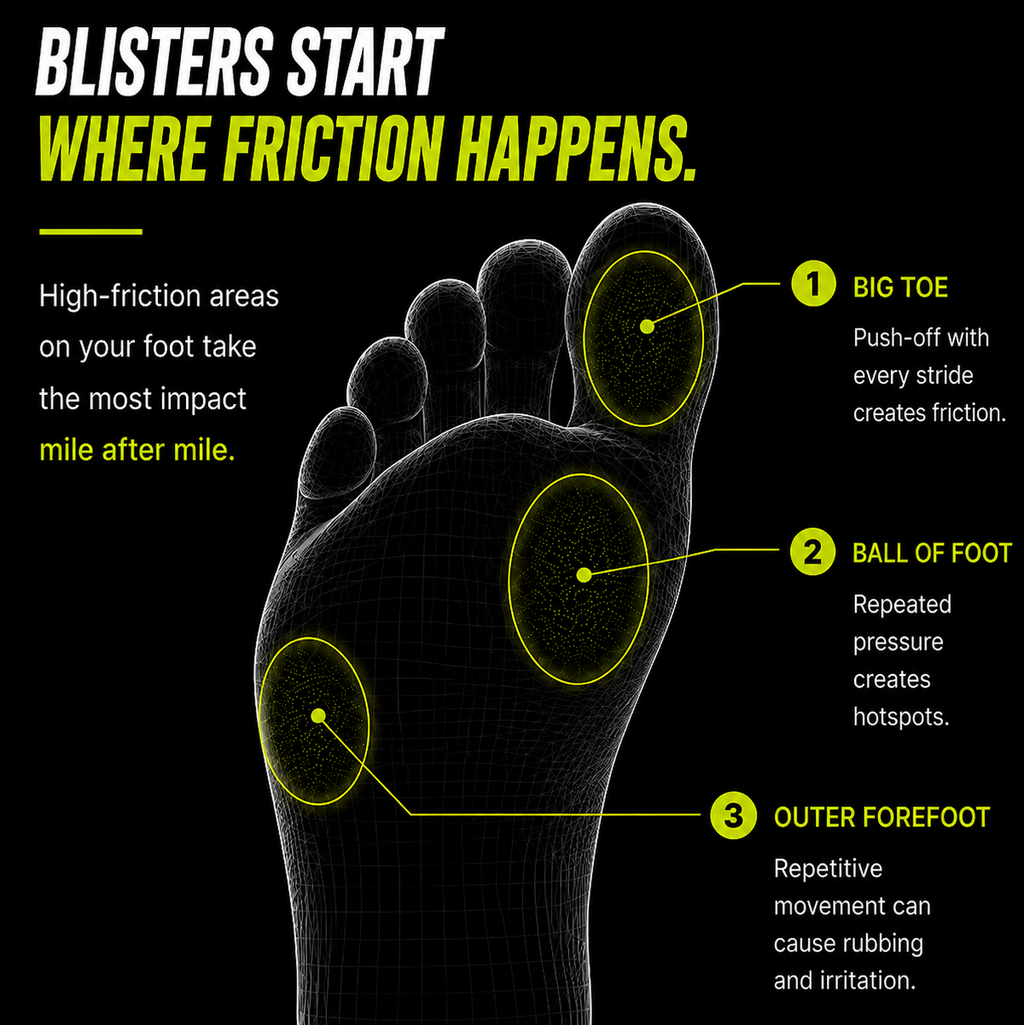 An informational graphic on a black background showing the sole of a human foot in wireframe, with three highlighted friction zones labeled Big Toe, Ball of Foot, and Outer Forefoot, plus explanatory text about blisters and friction.