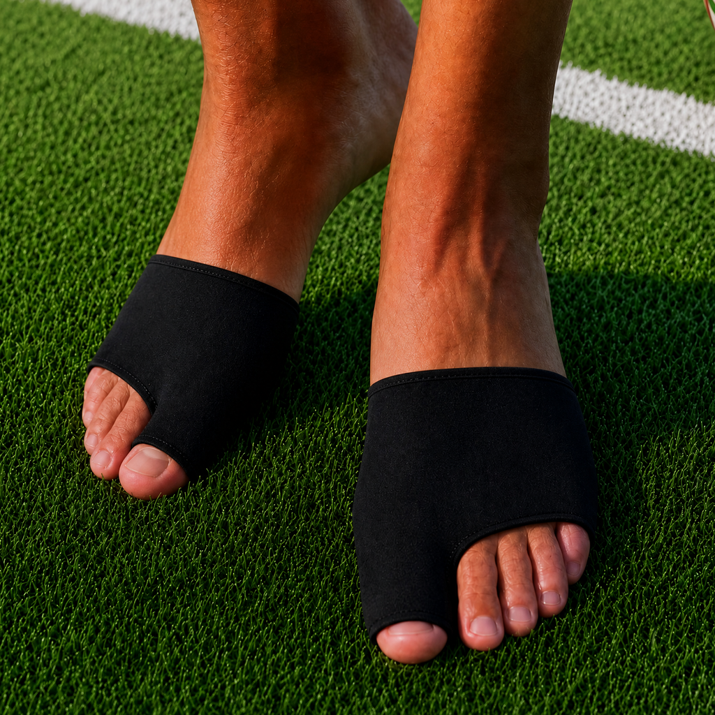 A person wearing black toe-space open-toe sandals on green turf, with a soccer ball partially visible and a yellow BESTSELLER badge in the top-left corner.